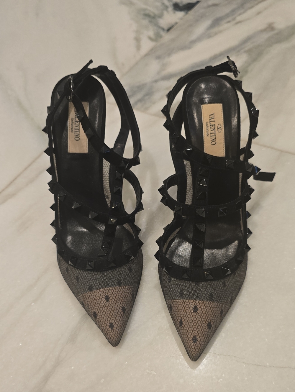 Valentino Black Pointed-Toe Rockstud Mesh Strappy Heels